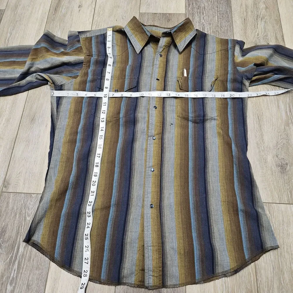 Wrangler Western Pearl Snap Button Up Striped Blue Grey Men's Medium Retro